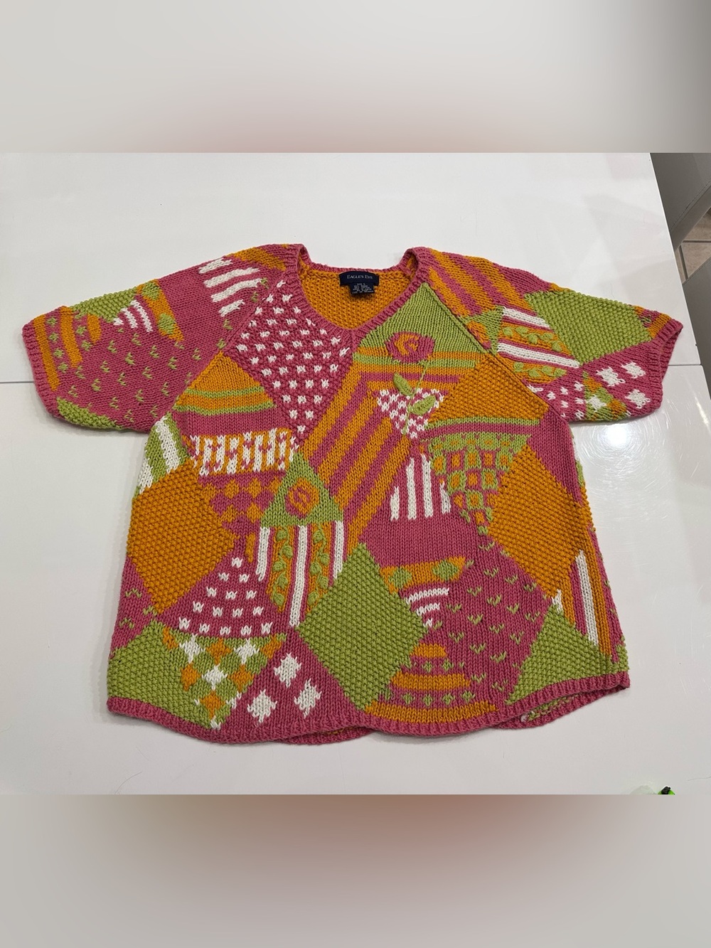 Eagle’s Eye Vintage Patchwork Knit Short Sleeve Sweater Top Size Large